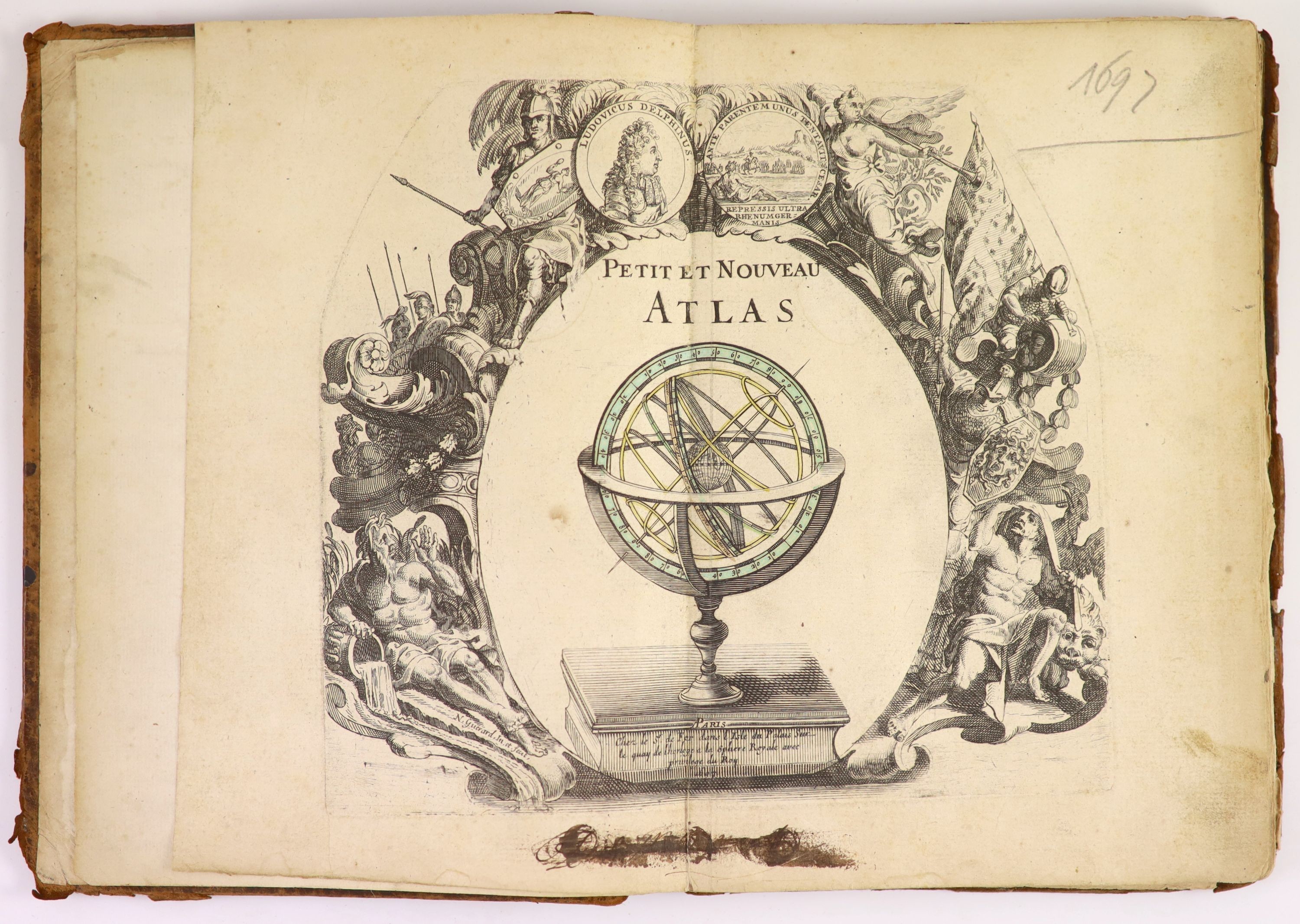Fer, Nicholas de - Petit et Nouveau Atlas, 1st edition, oblong qto, original calf, title with armillary sphere and 19 double page mapsheets, all hand-coloured in outline, including North America, with California shown as